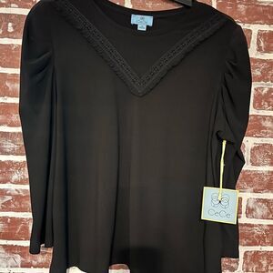 CeCe Elegant Black Blouse with V-Lace Accent